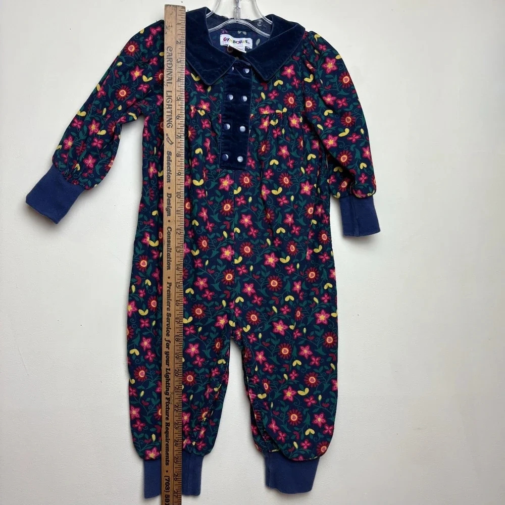 Vintage 1996 Gymboree Floral Holiday Plaid Blue Velvet Corduroy XS 9-18 Months